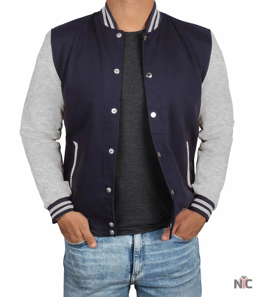 Men's Grey and Blue Varsity Jacket - Bomber Letterman Style Clanton Jacket