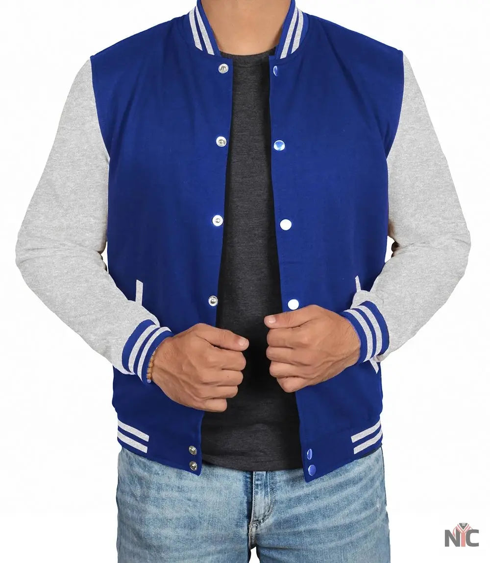 Men's Grey and Royal Blue Varsity Jacket - Letterman Style Clanton Jacket