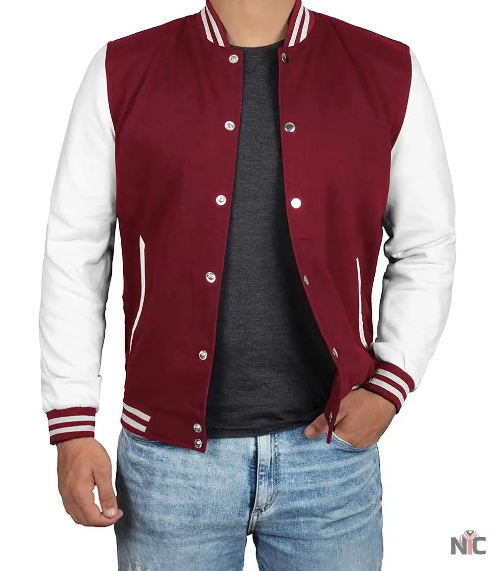 Men's Maroon and White Varsity Jacket - Letterman Bomber Style Clanton Jacket