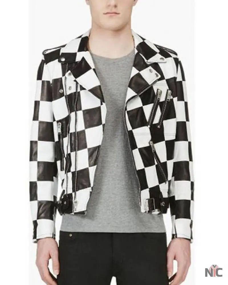 Men’s Motorcycle Checkerboard Leather Jacket Clanton Jacket