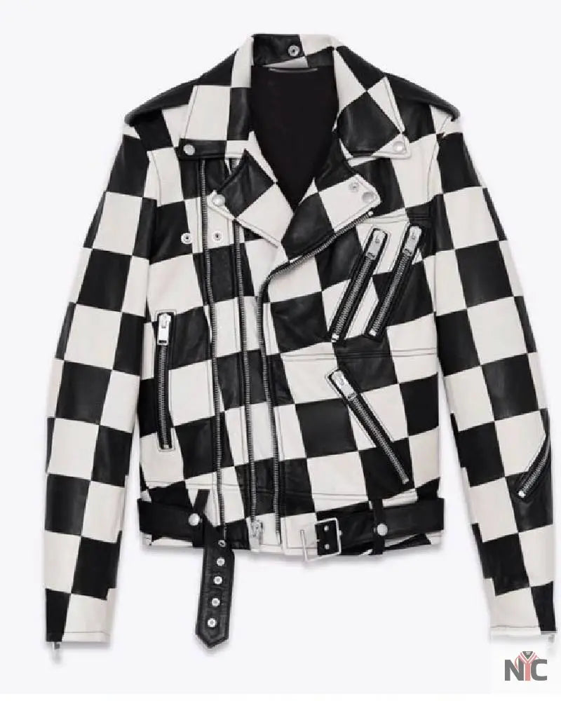 Men’s Motorcycle Checkerboard Leather Jacket Clanton Jacket