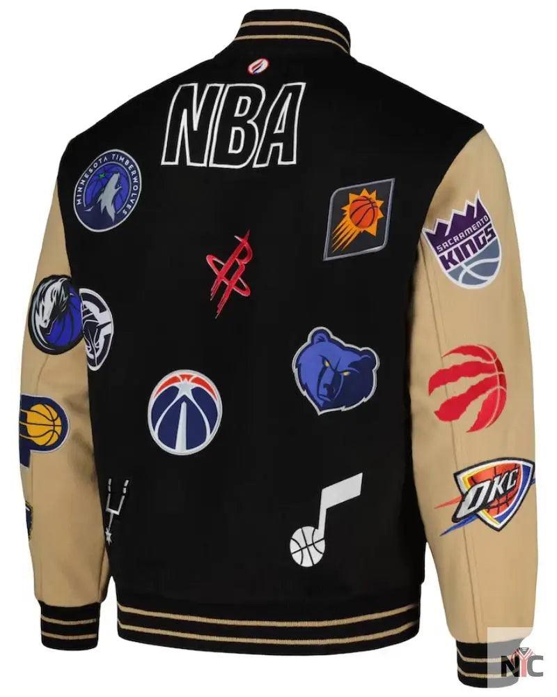 Men’s NBA FISLL Black/Khaki All Logo Aviator Wool Varsity Jacket Clanton Jacket