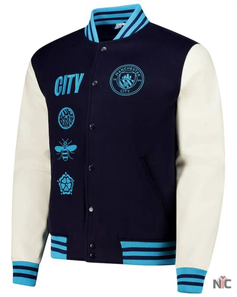 Men’s Navy Manchester City Supporter’s Full-Snap Varsity Jacket Clanton Jacket