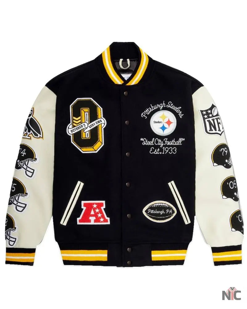 Men’s Pittsburgh Steelers OVO x NFL Black Full-Snap Varsity Jacket Clanton Jacket