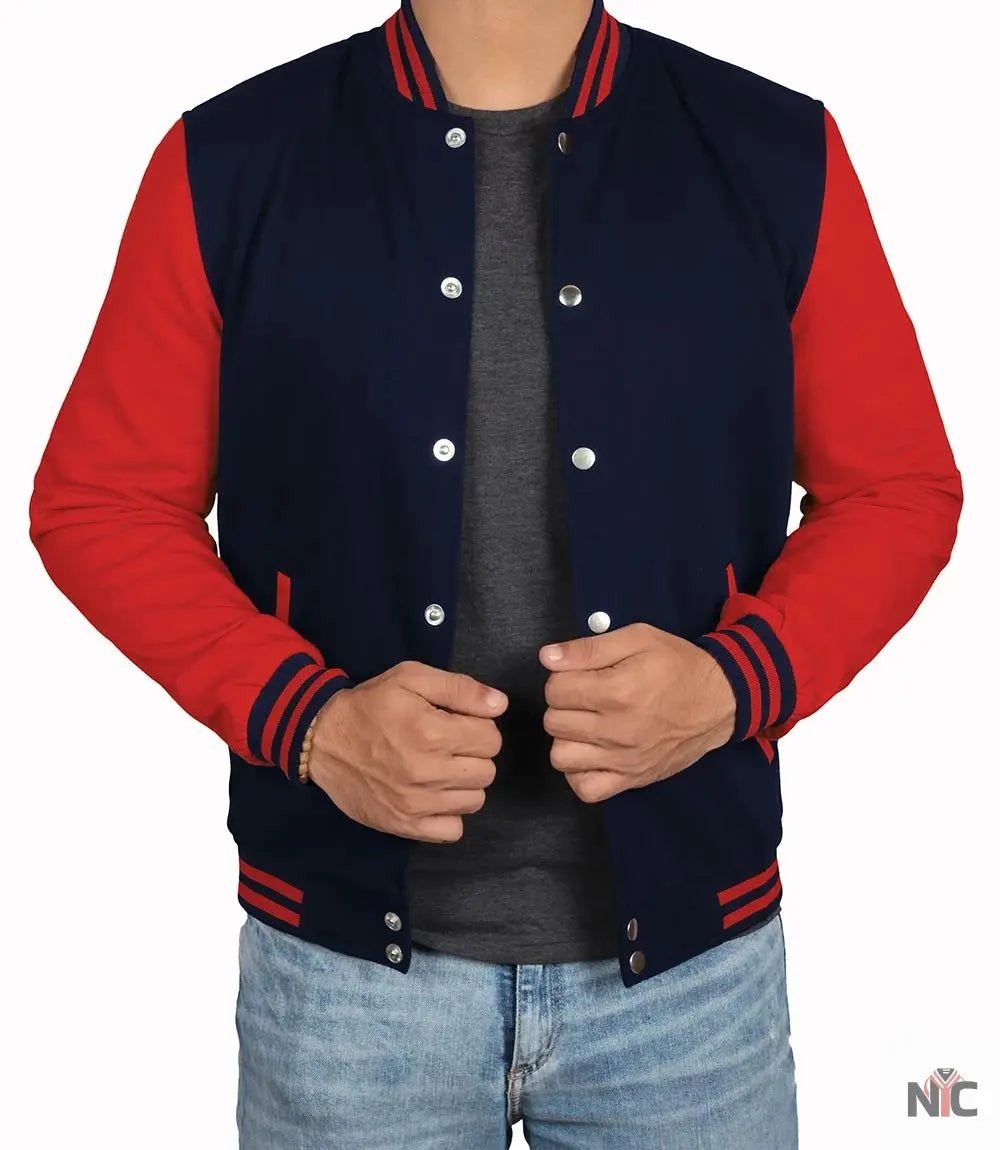 Men's Red and Navy Blue Varsity Jacket - Baseball Bomber Style Clanton Jacket