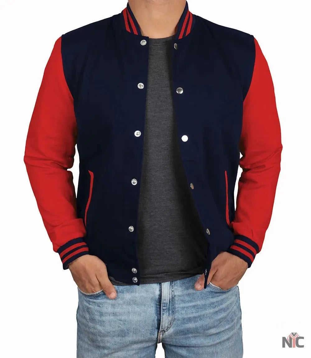 Men's Red and Navy Blue Varsity Jacket - Baseball Bomber Style Clanton Jacket