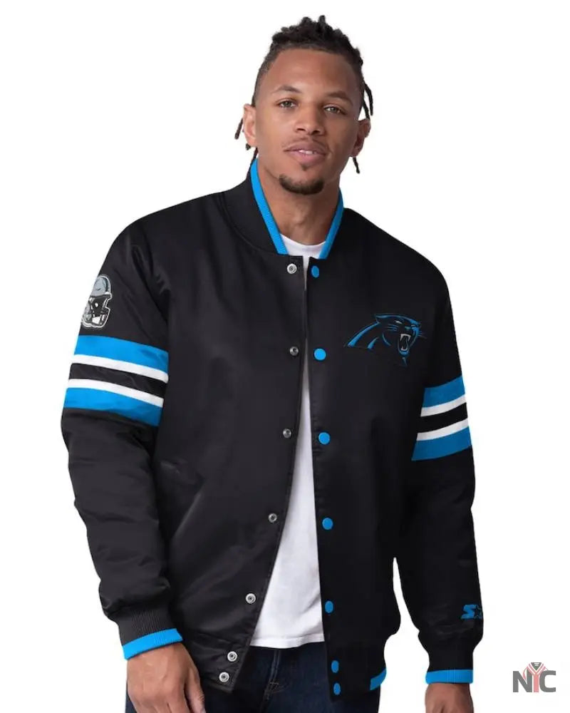 Men’s Starter Black Carolina Panthers Scout Full-Snap Varsity Jacket Clanton Jacket