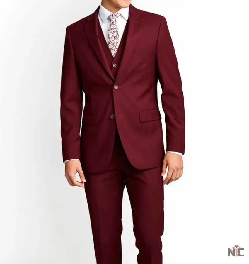 Men's Three-Piece Slim Fit Maroon Suit - Wedding Suit for Men Clanton Jacket