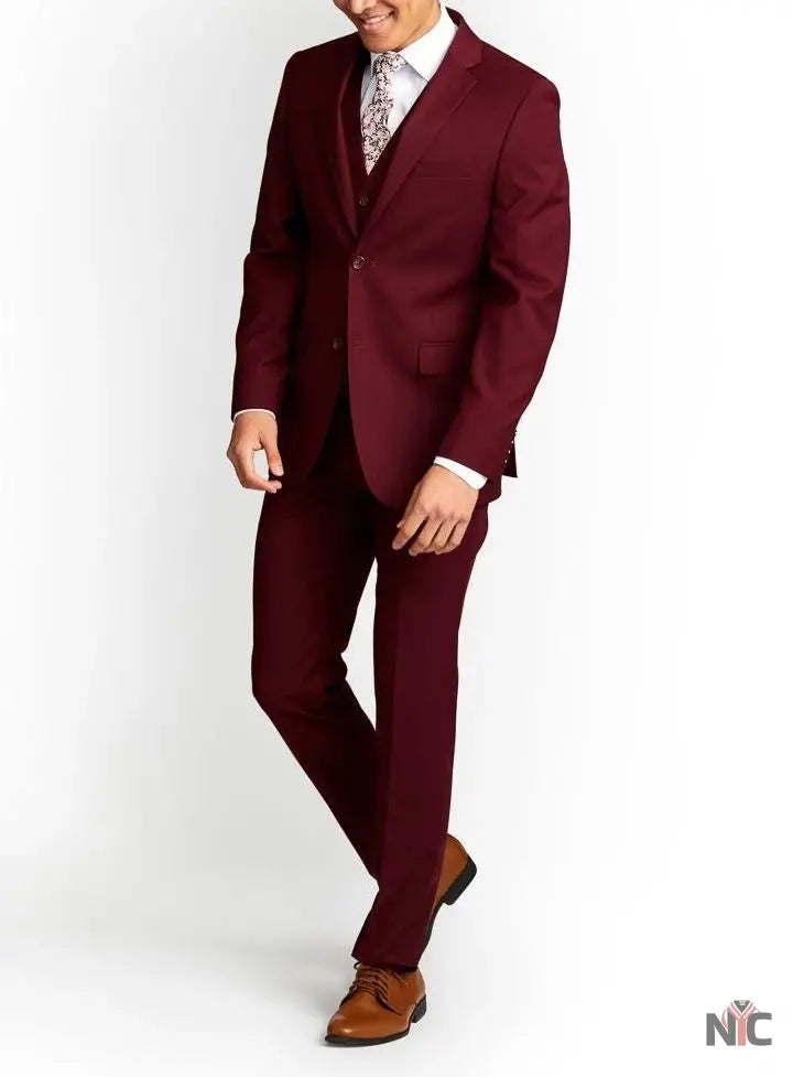 Men's Three-Piece Slim Fit Maroon Suit - Wedding Suit for Men Clanton Jacket