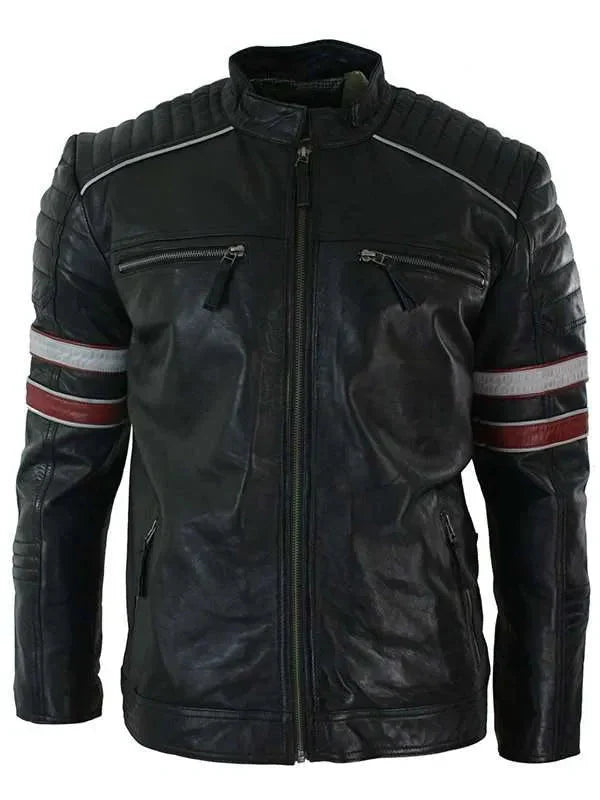 Men’s Black Red & White Stripes Moto Leather Jacket Shopotiny