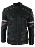 Men’s Black Red & White Stripes Moto Leather Jacket Shopotiny