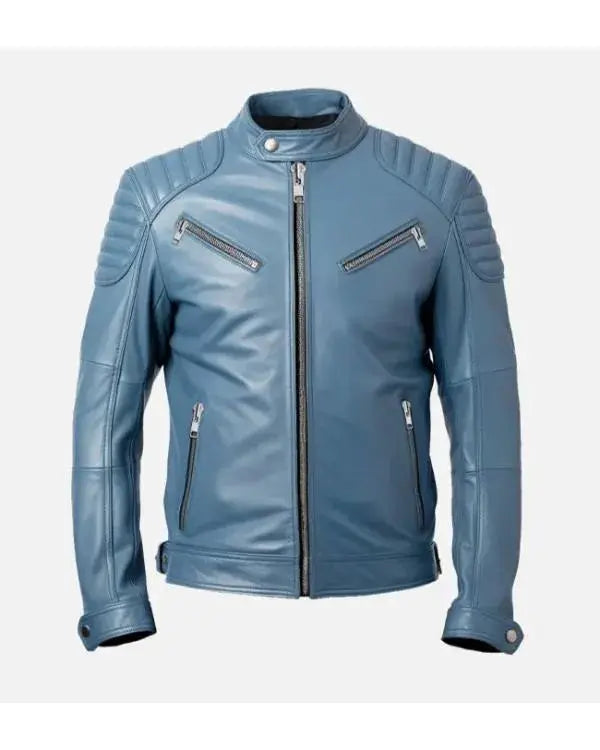 Men’s Light Blue Café Racer Leather Jacket