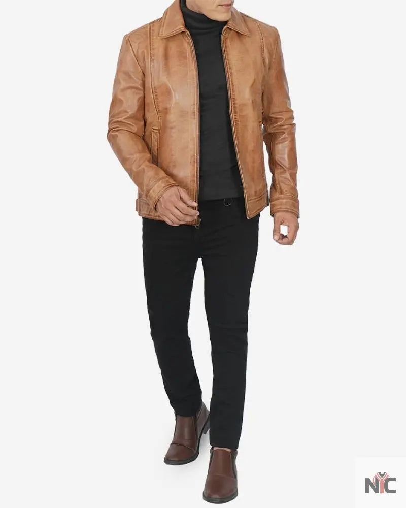 Mens Shirt Collar Yellow Waxed Leather Jacket Clanton Jacket