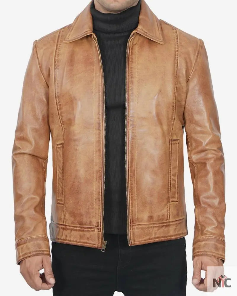Mens Shirt Collar Yellow Waxed Leather Jacket Clanton Jacket
