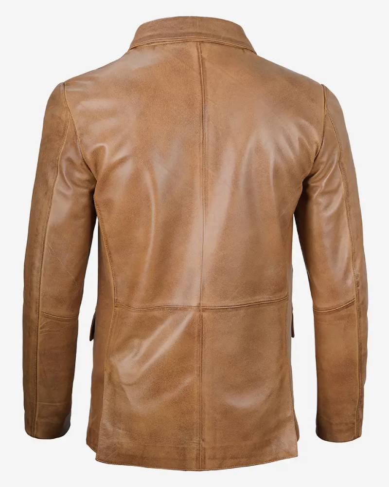 Mens Two Button Camel Brown Leather Blazer Clanton Jacket