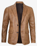 Mens Two Button Camel Brown Leather Blazer Clanton Jacket