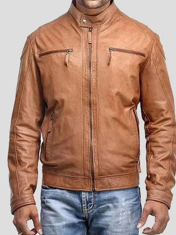 Men’s Cafe Racer 4 Zipper Pockets Brown Real Leather Jacket Clanton Jacket