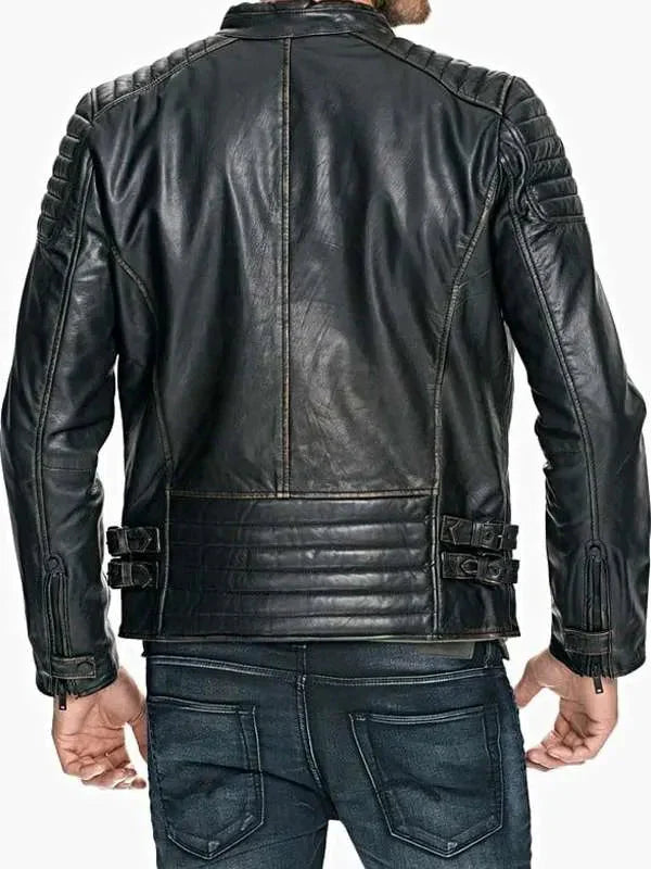 Men Quilted Sheepskin Distressed Black Leather Jacket Clanton Jacket