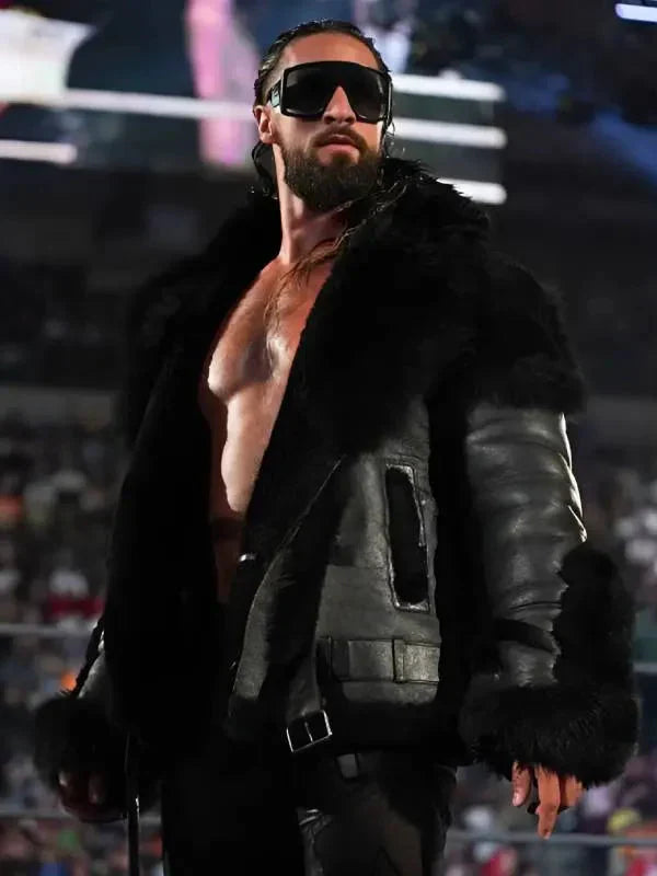 Men’s Monday Night RAW Black Leather Fur Jacket USA Jackets