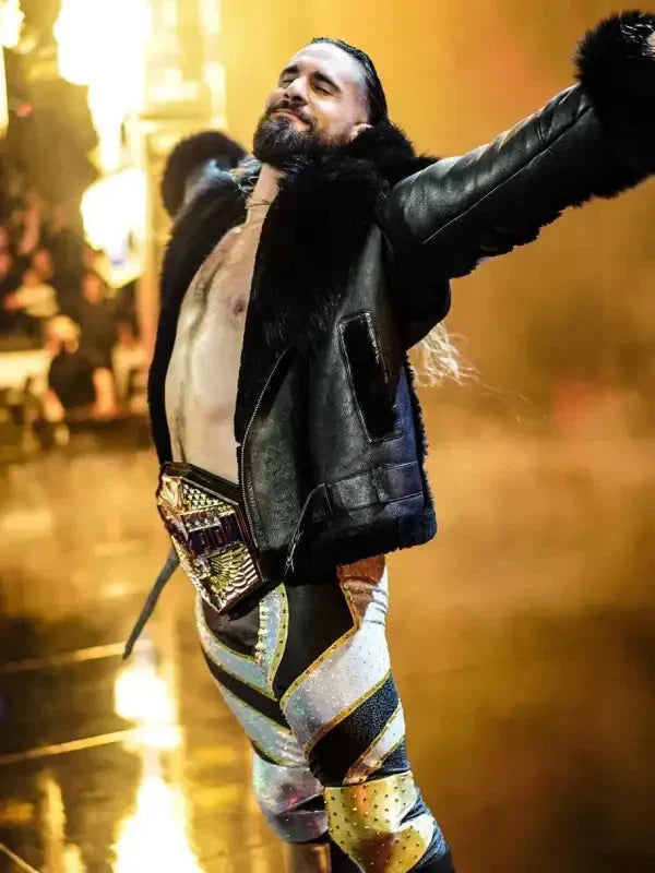 Men’s Monday Night RAW Black Leather Fur Jacket USA Jackets
