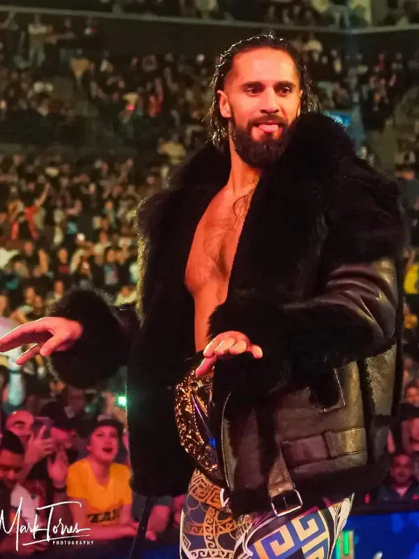 Men’s Monday Night RAW Black Leather Fur Jacket USA Jackets