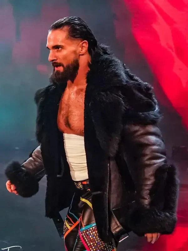 Men’s Monday Night RAW Black Leather Fur Jacket USA Jackets