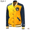 Milwaukee Brewers Gold and Navy Varsity Satin Jacket Clanton Jacket