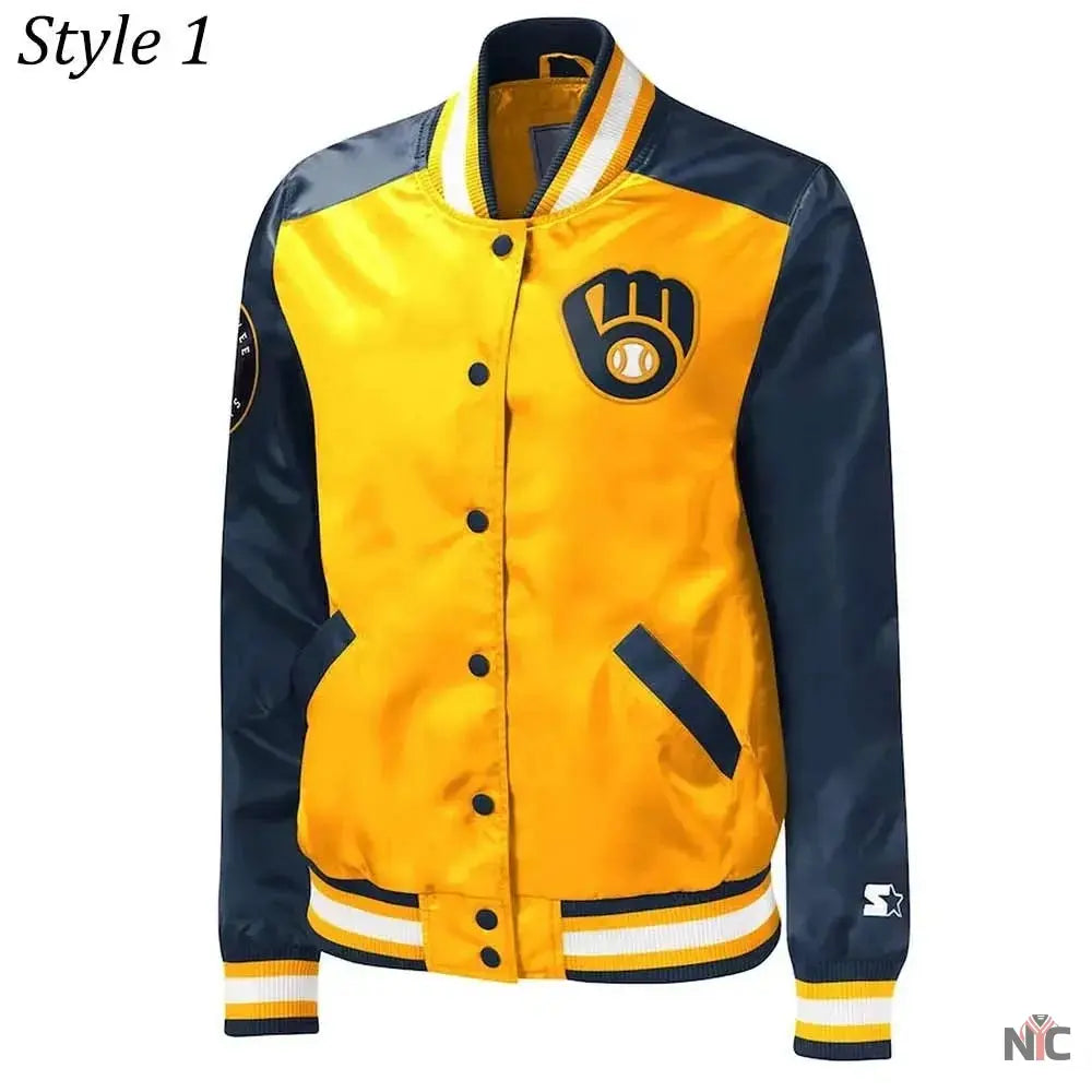 Milwaukee Brewers Gold and Navy Varsity Satin Jacket Clanton Jacket