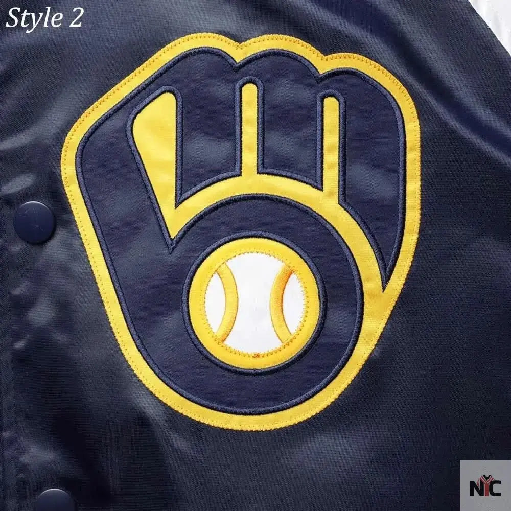 Milwaukee Brewers Gold and Navy Varsity Satin Jacket Clanton Jacket