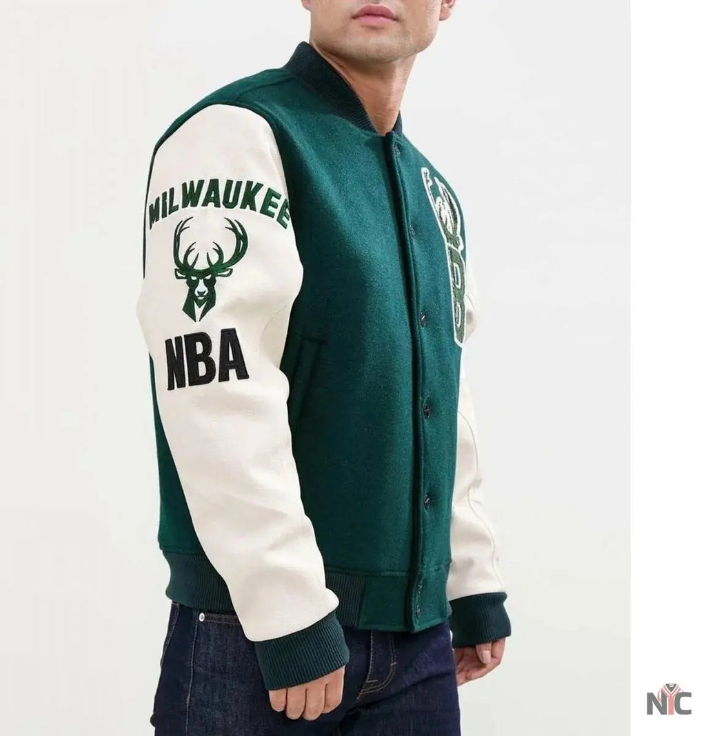 Milwaukee Bucks Letterman Green and White Jacket Clanton Jacket