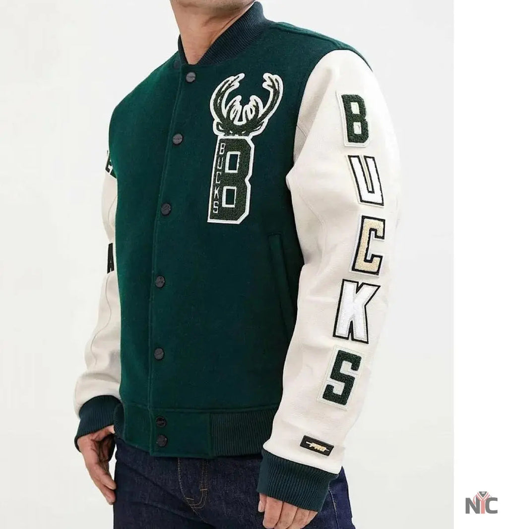 Milwaukee Bucks Letterman Green and White Jacket Clanton Jacket