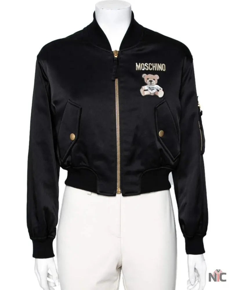 Moschino Couture Black Teddy Print Synthetic Cropped Bomber Jacket Clanton Jacket