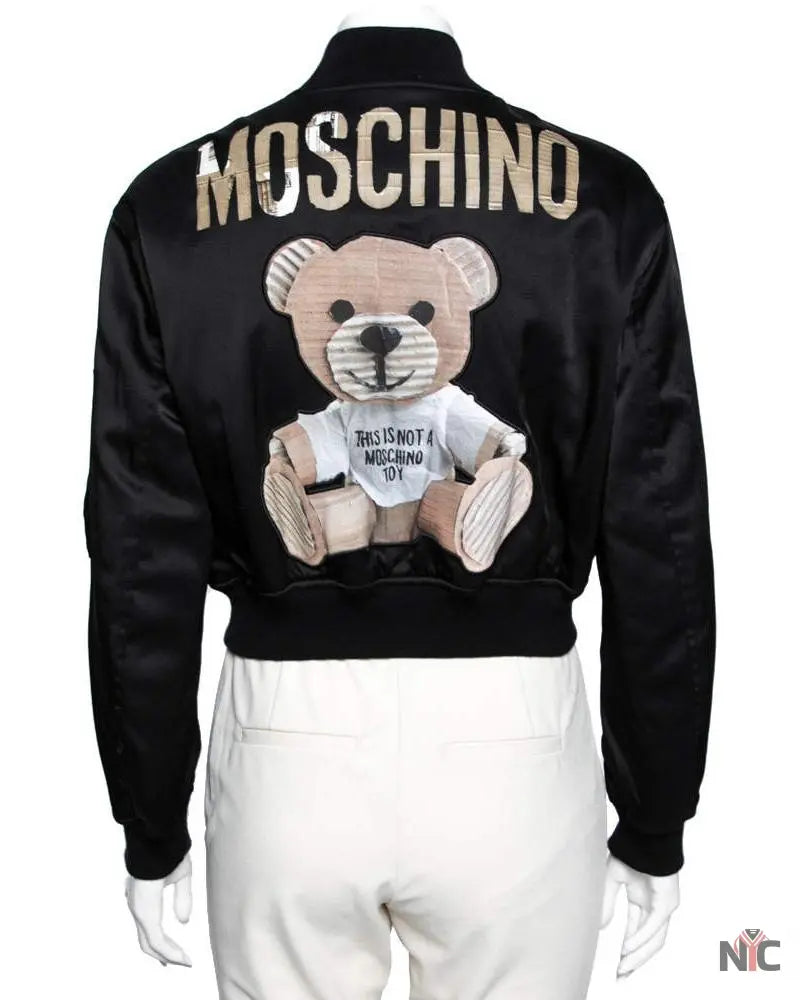 Moschino Couture Black Teddy Print Synthetic Cropped Bomber Jacket Clanton Jacket