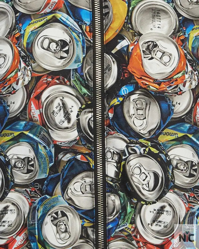 Moschino Couture Multicolor Beverage Cans Print Nylon Bomber Jacket Clanton Jacket