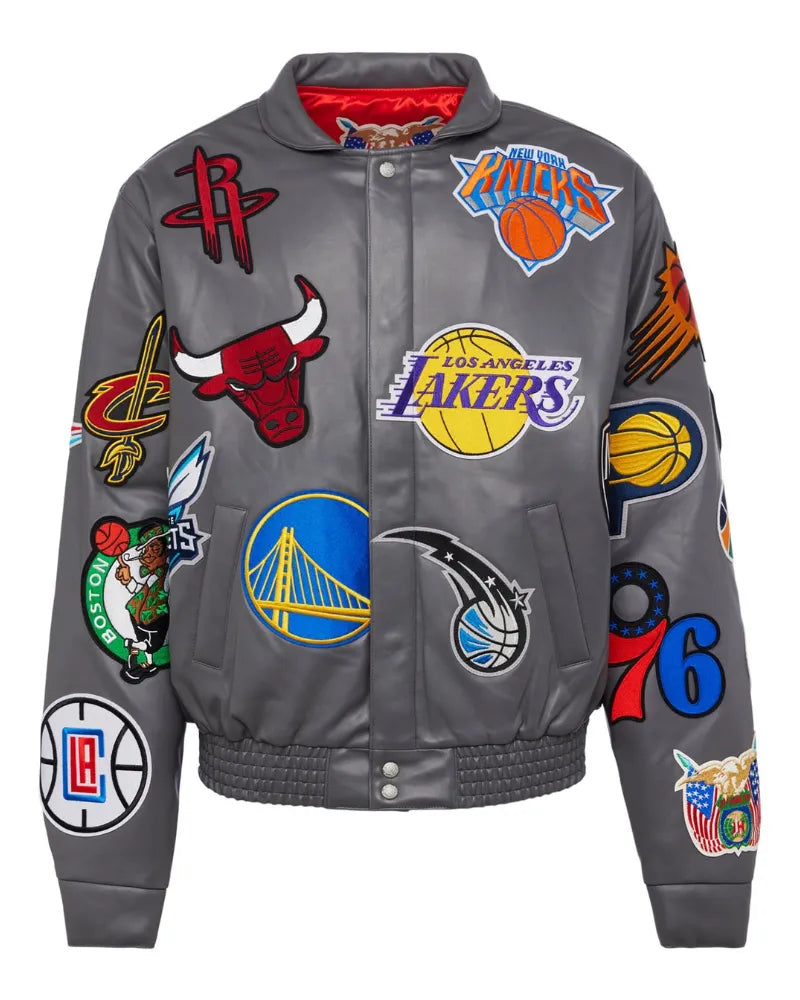 NBA COLLAGE VEGAN LEATHER JACKET Grey