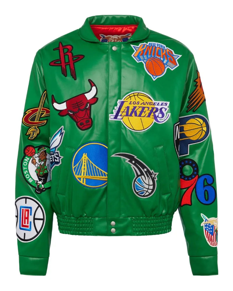 NBA COLLAGE VEGAN LEATHER JACKET Kelly Green