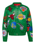 NBA COLLAGE VEGAN LEATHER JACKET Kelly Green