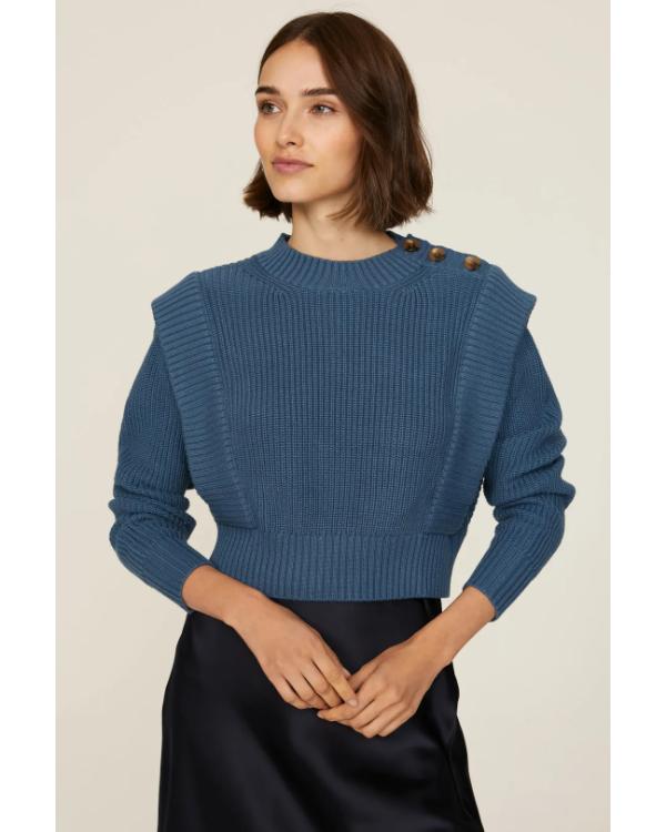 NBC News Daily 2025 Kate Snow Blue Button Shoulder Sweater