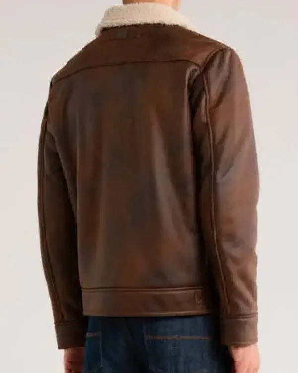 NCIS S23 Adam Ferrara Brown Leather Jacket with Sherpa Collar