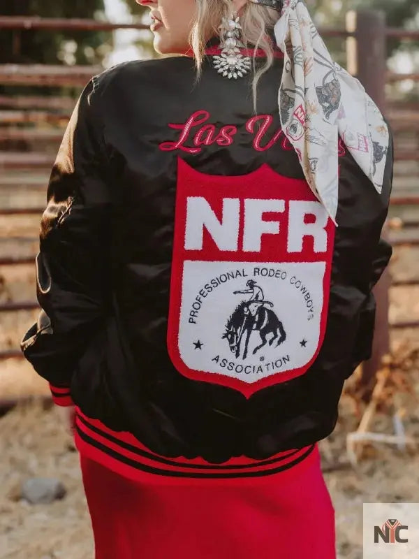 NFR Las Vegas Black Varsity Bomber Jacket Clanton Jacket