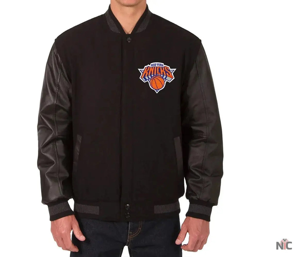 NY Knicks Black Wool And Leather Varsity Jacket Clanton Jacket