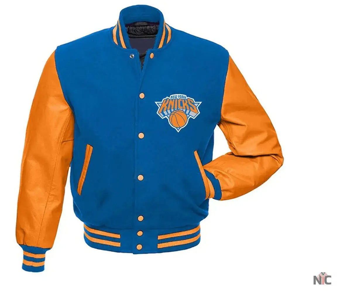 NY Knicks Blue and Orange Varsity Jacket	New York Knicks Jackets / NBA Clanton Jacket