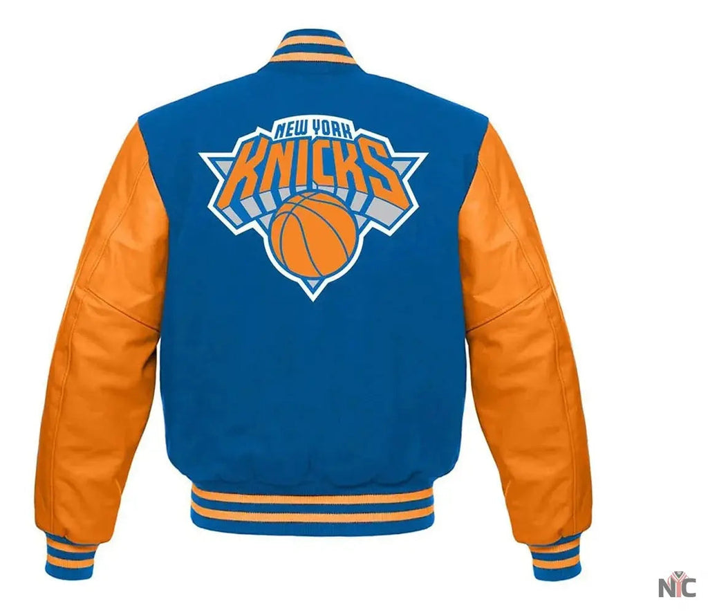 NY Knicks Blue and Orange Varsity Jacket	New York Knicks Jackets / NBA Clanton Jacket