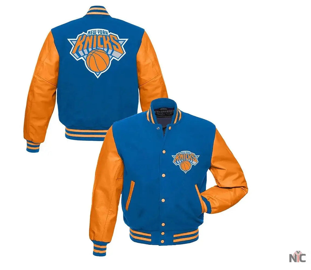 NY Knicks Blue and Orange Varsity Jacket	New York Knicks Jackets / NBA Clanton Jacket