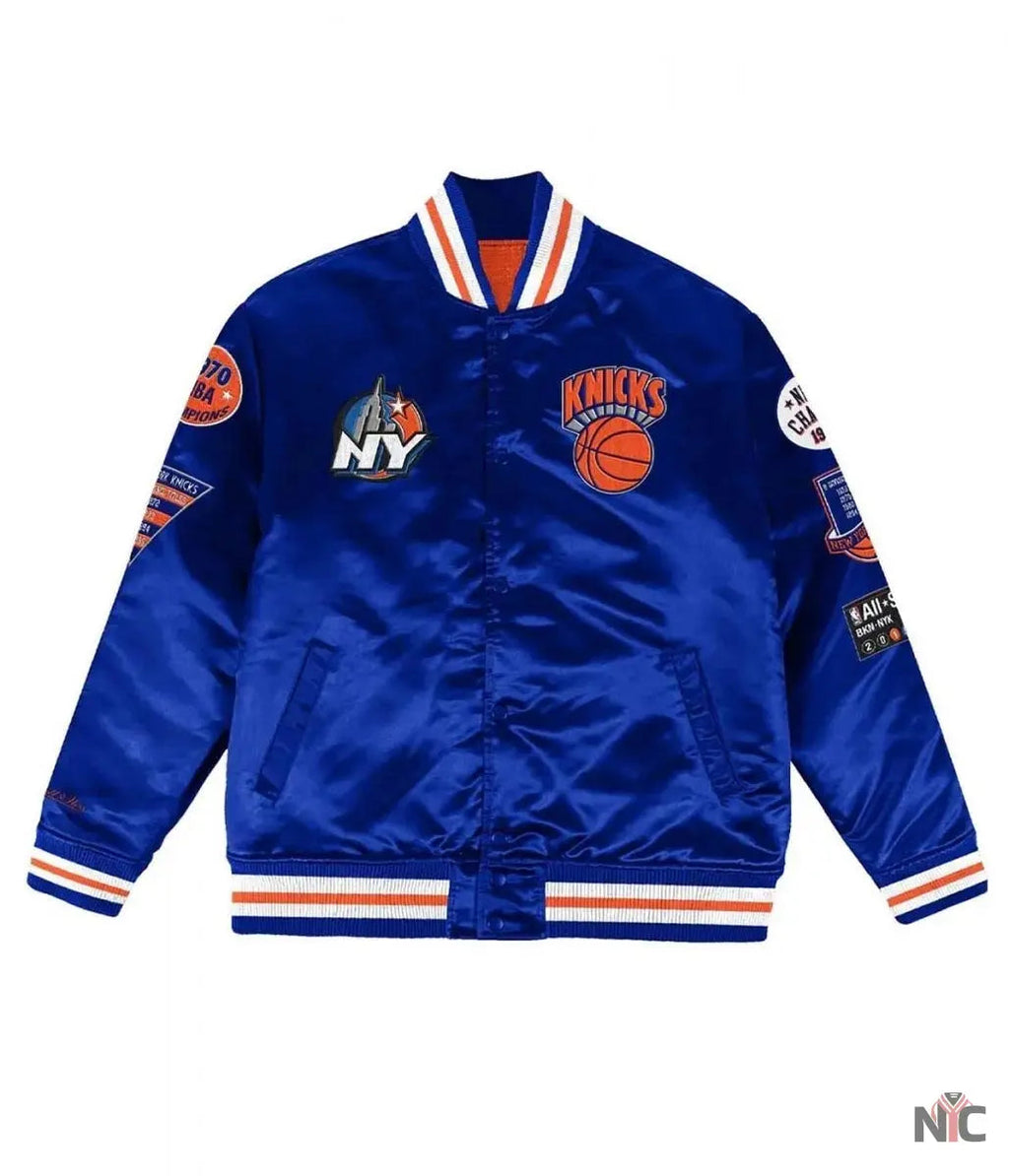 NY Knicks Champ City Bomber Satin Royal Blue Jacket Clanton Jacket