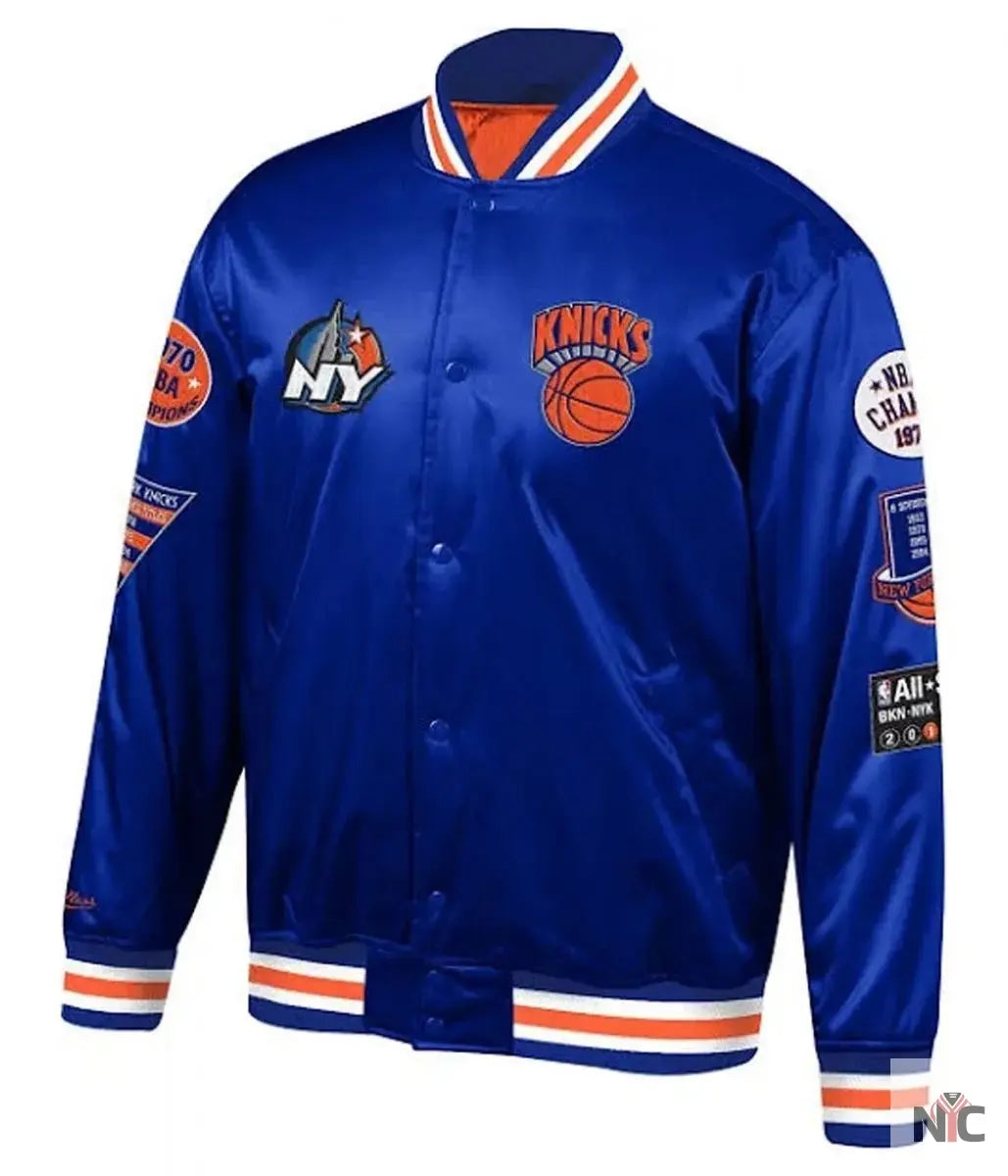 NY Knicks Champ City Bomber Satin Royal Blue Jacket Clanton Jacket