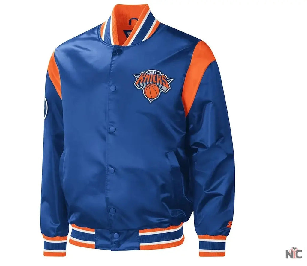 NY Knicks Force Play Varsity Blue Satin Jacket Clanton Jacket
