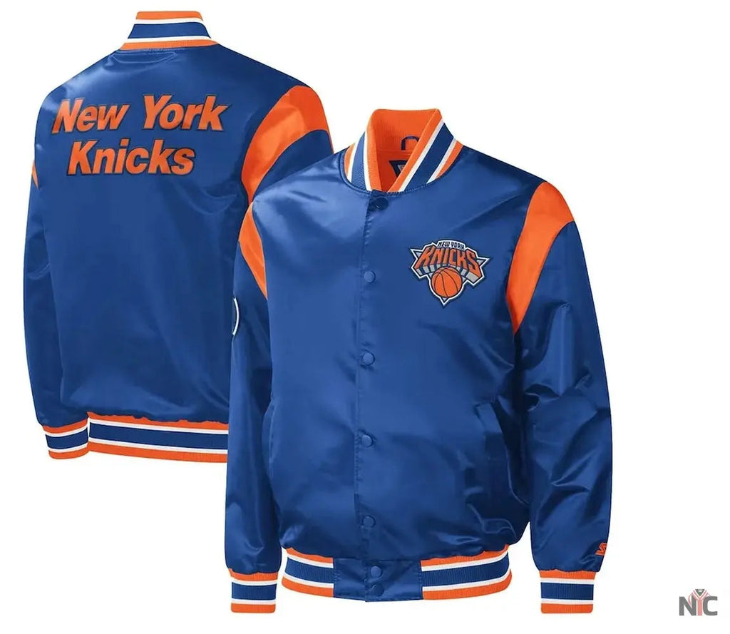 NY Knicks Force Play Varsity Blue Satin Jacket Clanton Jacket