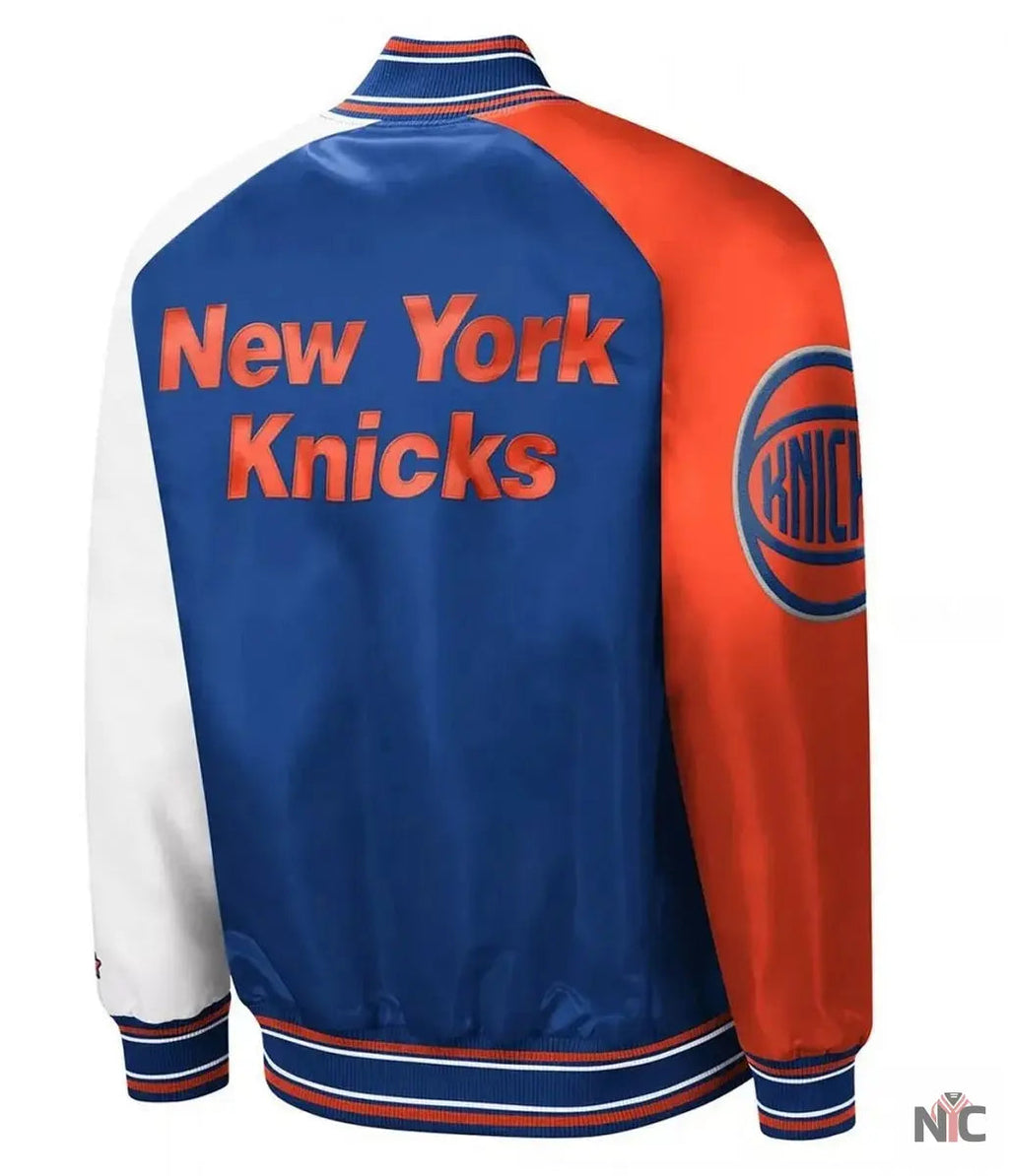 NY Knicks Reliever Raglan Royal Blue and Orange Satin Jacket Clanton Jacket