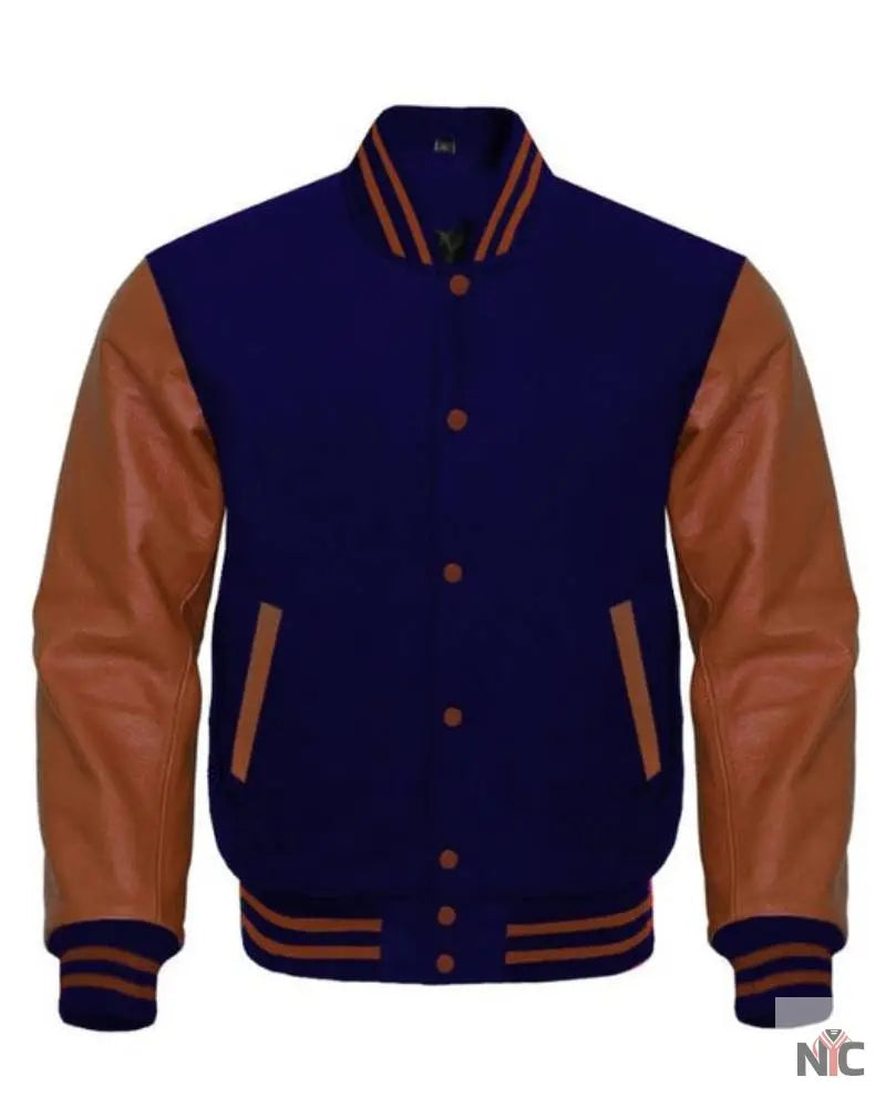 Navy Blue And Brown Varsity Jacket Clanton Jacket